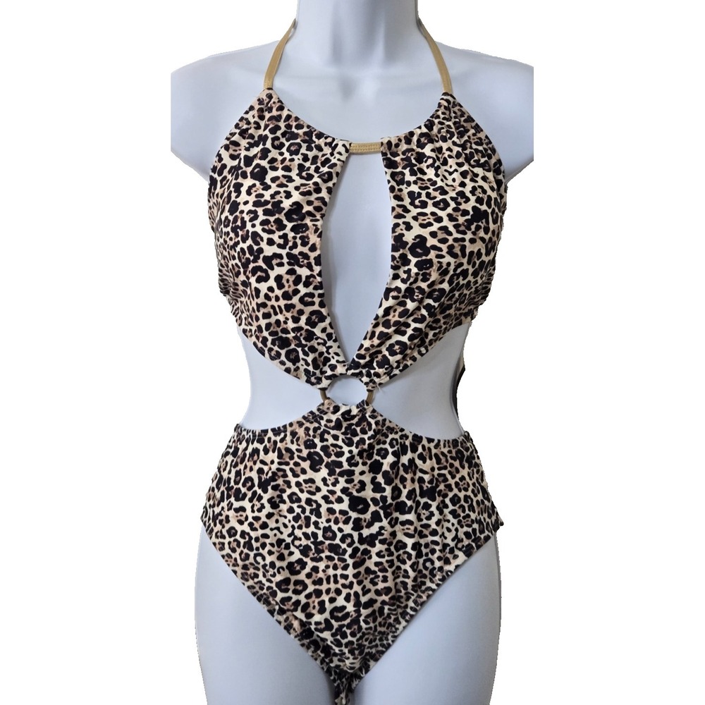Tahari‎ Leopard Print Cutout Keyhole One Piece Swimsuit Women' XL Brown/Blk NWT - Picture 2 of 12